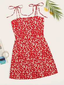 Ditsy Floral Self-Tie Cami Dress - Red - View 1