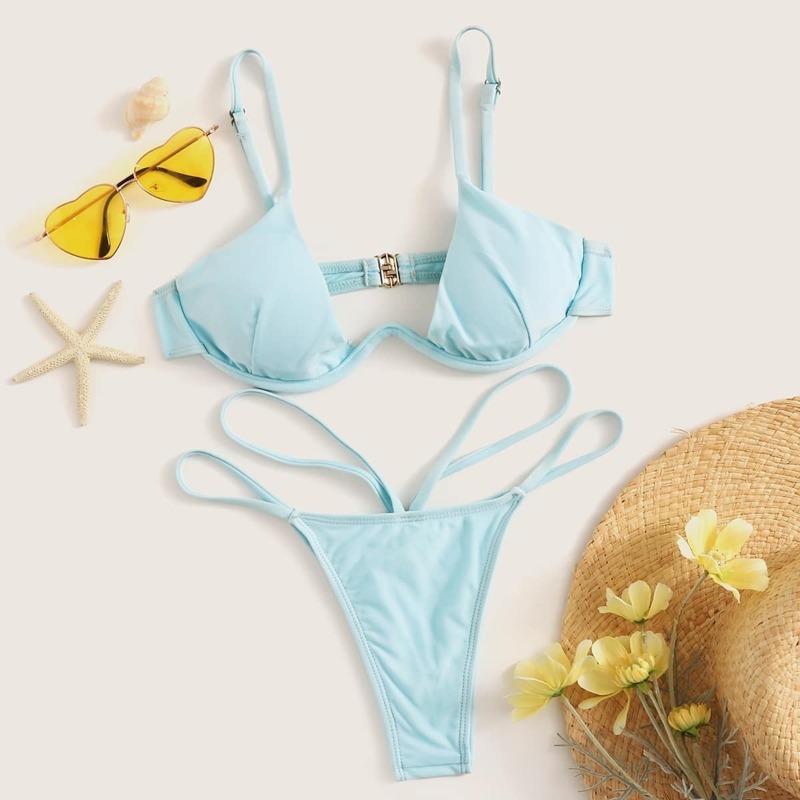 

Underwire Top With Thong Bikini Set, Blue pastel