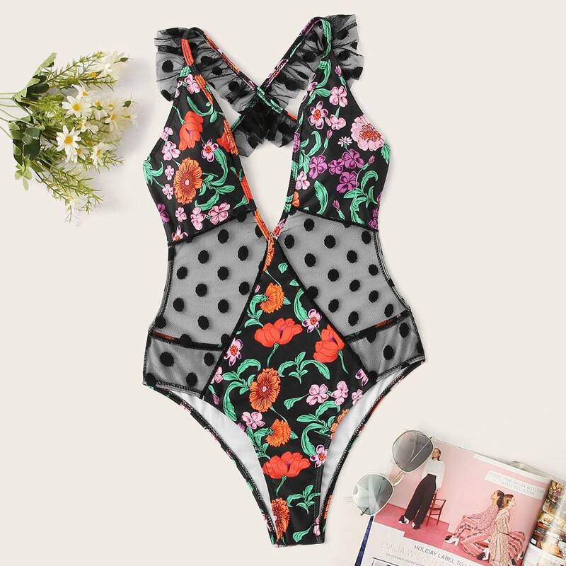 

Open Back Dot Mesh Insert Floral One Piece Swimwear, Multicolor