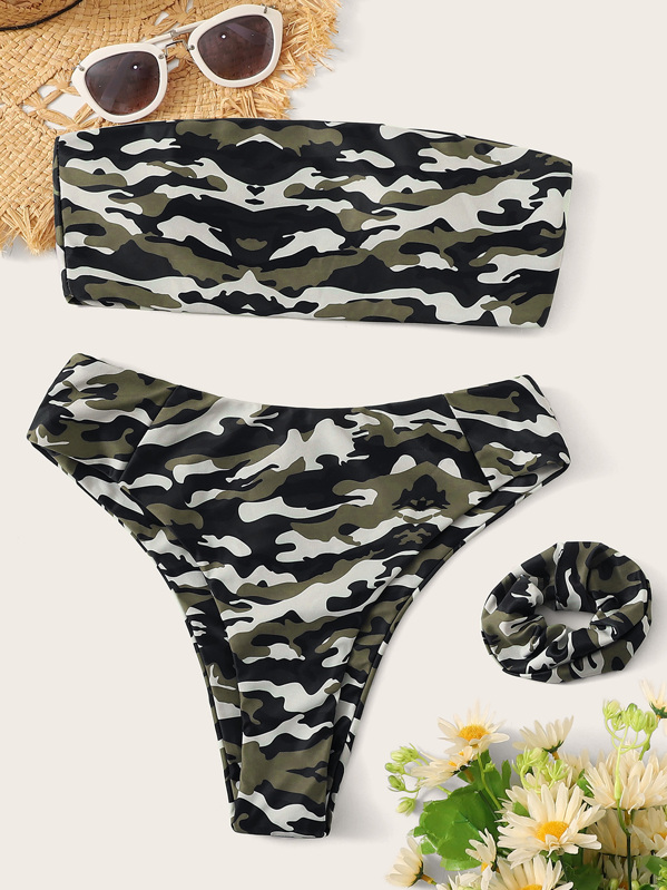 Bandeau Estampado Cortado Bikini Alto Goma Pelo De Con Camuflaje OwPZuikXTl