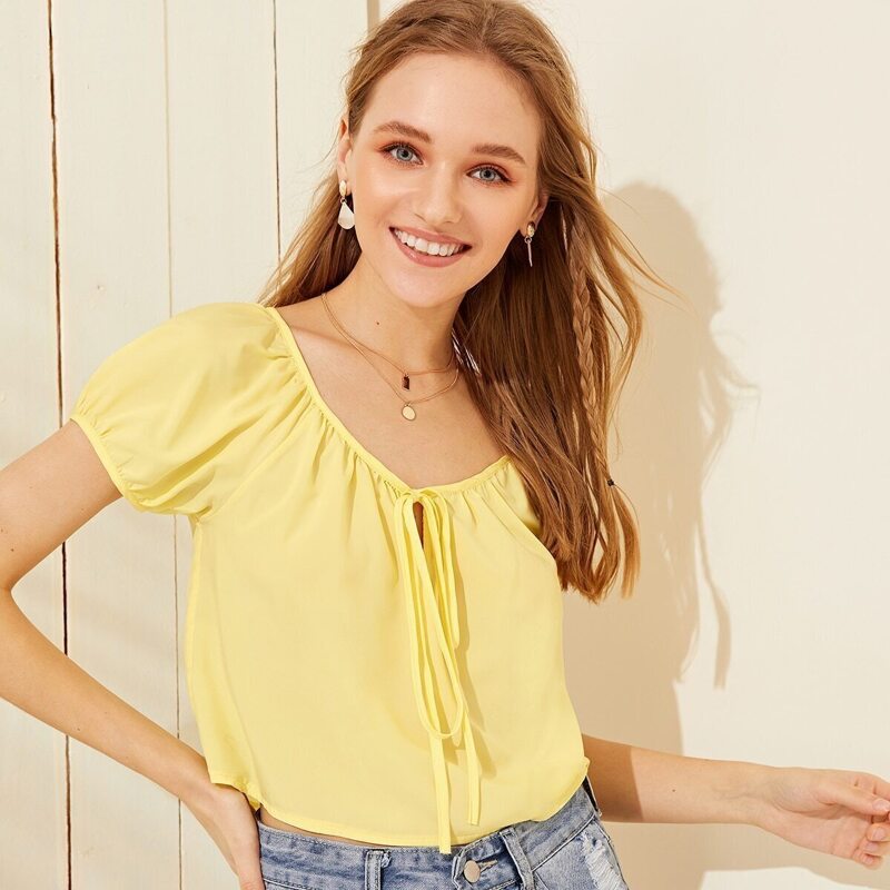 

Solid Tie Front V-neck Blouse, Yellow