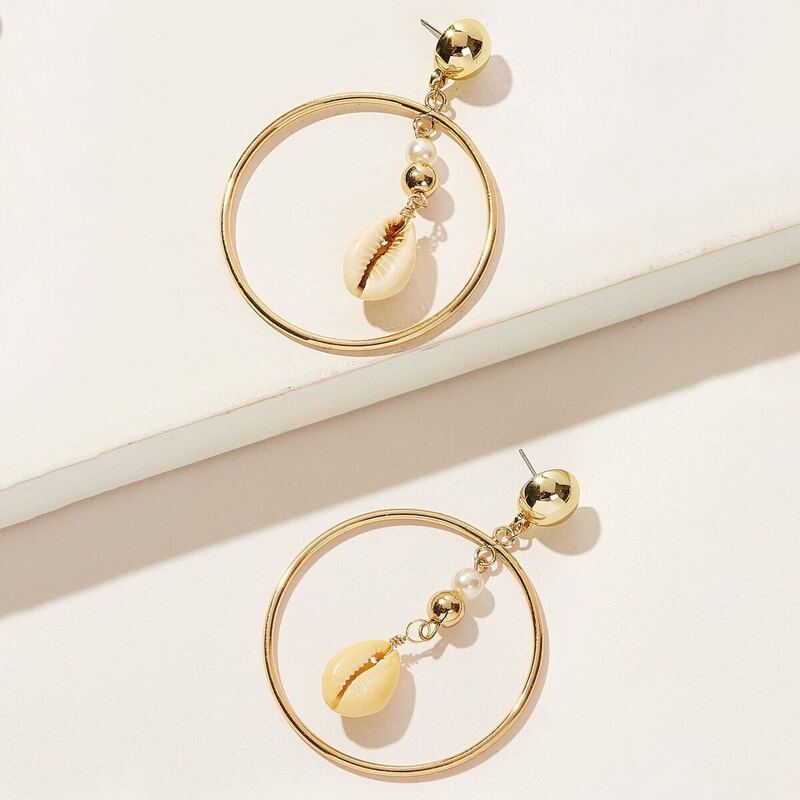 

Shell & Bead Detail Ring Drop Earrings 1pair, Gold