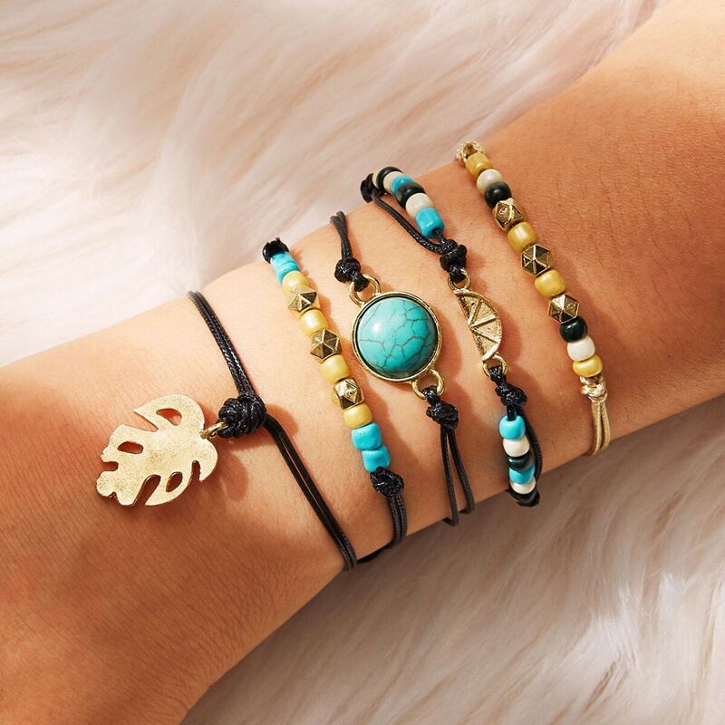 

Leaf & Bead Detail Bracelet 5pcs, Multicolor