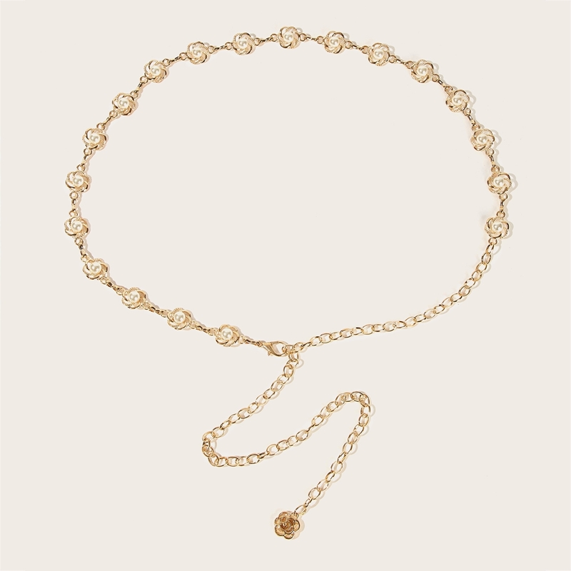

Faux Pearl Embellished Chain Belt, Gold