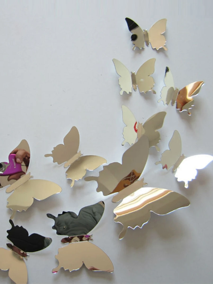 10入組3D蝴蝶鏡子牆貼可拆卸DIY掛畫派對婚禮裝飾