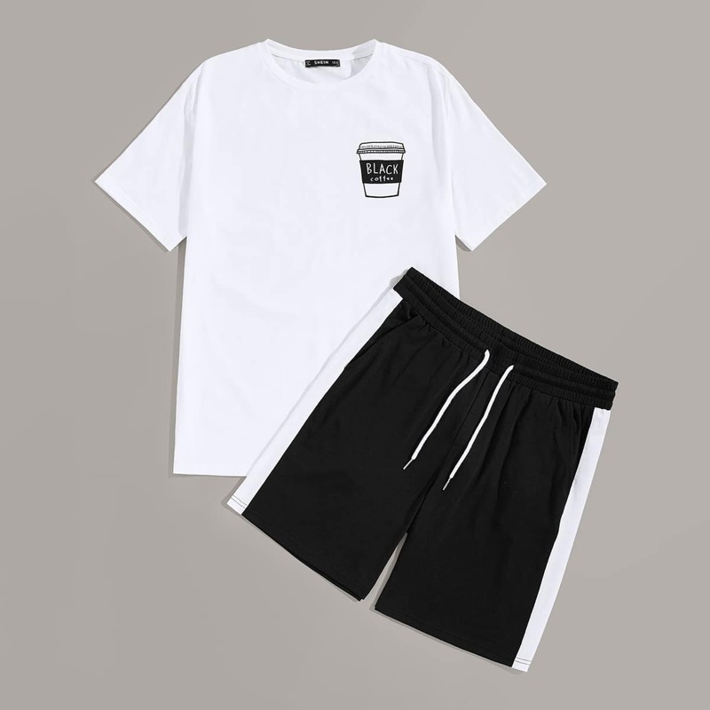 

Guys Graphic Tee and Contrast Sideseam Shorts PJ Set, Black and white