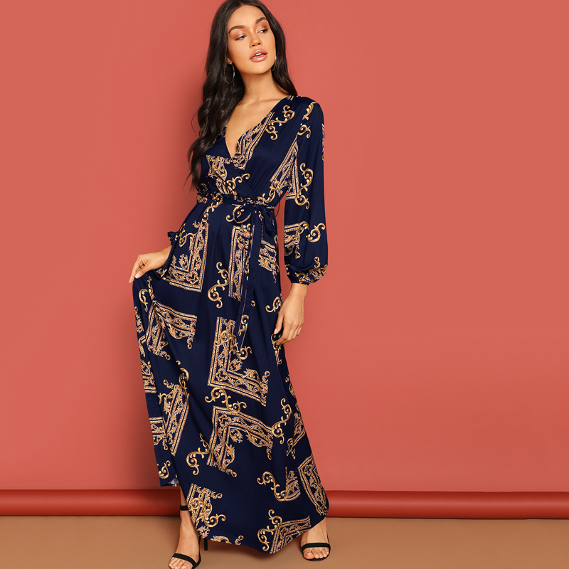 

Baroque Print Belted Wrap Maxi Dress, Navy blue