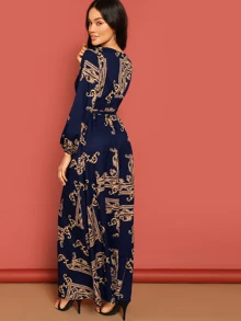 SHEIN Clasi Baroque Print Belted Wrap Dress - Navy Blue - View 2