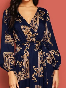 SHEIN Clasi Baroque Print Belted Wrap Dress - Navy Blue - View 4