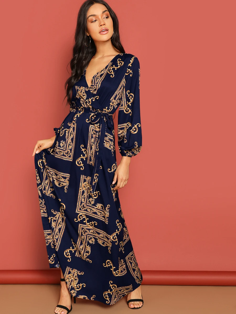 SHEIN Clasi Baroque Print Belted Wrap Dress - Navy Blue - View 1