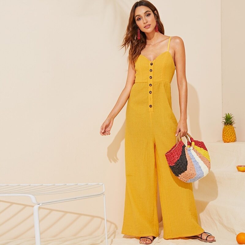 

Button Front Wide Leg Cami Jumpsuit, Yellow