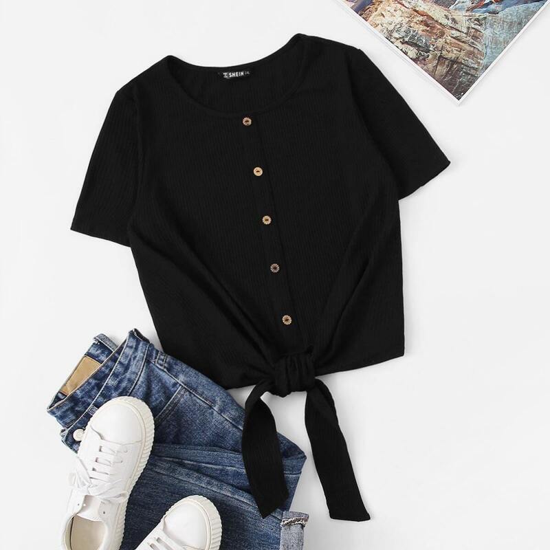 

Plus Button Front Knot Hem Rib-knit Tee, Black