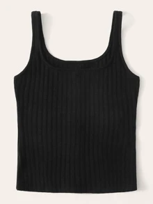 SHEIN EZwear Button Front Rib-knit Top - Black - View 2