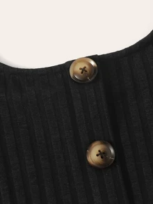 SHEIN EZwear Button Front Rib-knit Top - Black - View 3