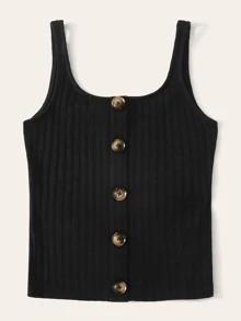 SHEIN EZwear Button Front Rib-knit Top - Black - View 5