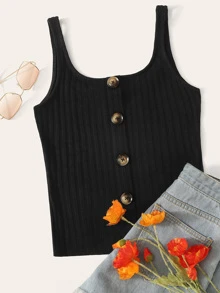 SHEIN EZwear Button Front Rib-knit Top - Black - View 1