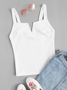 SHEIN Plus V-cut Rib-knit Solid Top - White - View 1