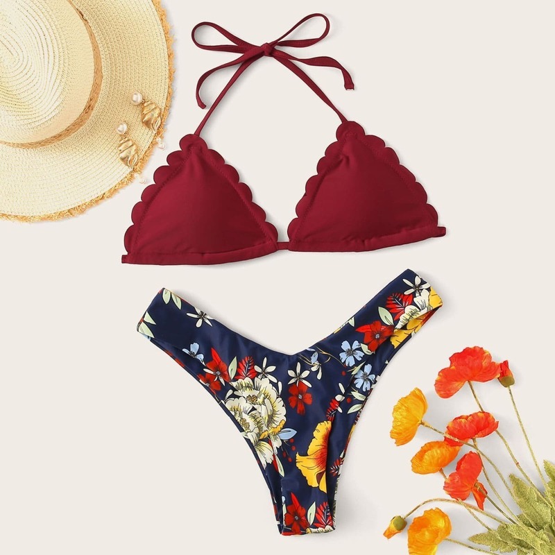 

Scalloped Trim Top With Random Floral High Cut Bikini, Multicolor