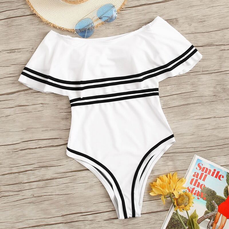 

Striped Trim Flounce Bardot One Piece Swimsuit, White