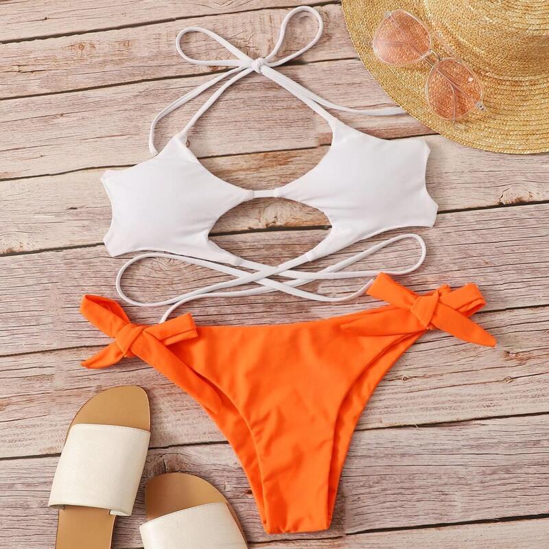 

Star Shaped Halter Top With Tie Side Bikini Set, Multicolor