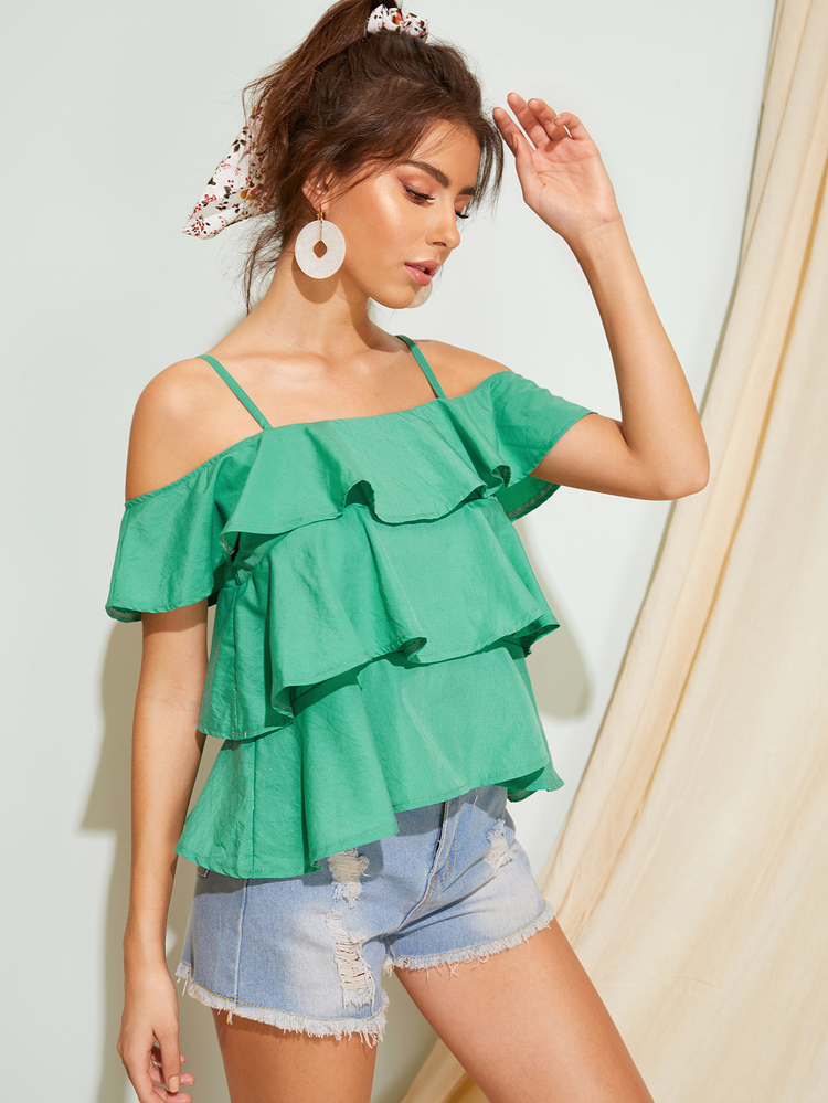 Tiered Layer Solid Cami Blouse - Green - View 3
