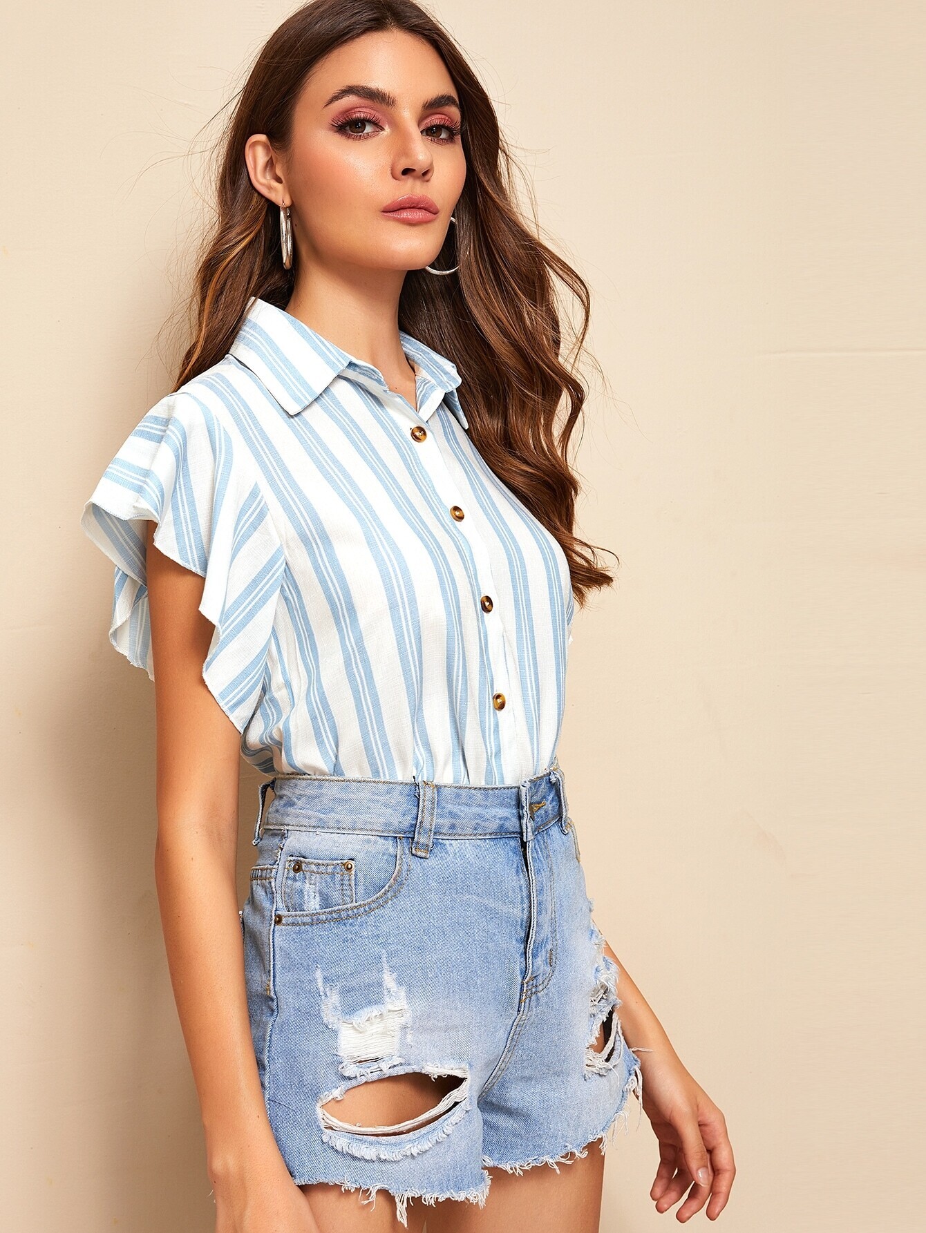 vertical striped ruffle sleeve blouse