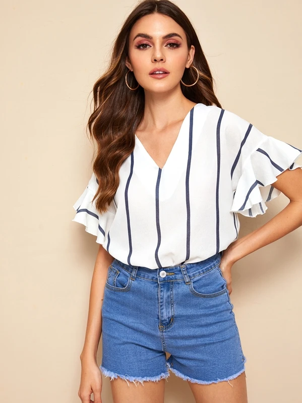 Blusa de manga con volante de rayas escote V | Mode de Mujer Camisa escote V de manga con malla | Mode de Mujer | SHEIN