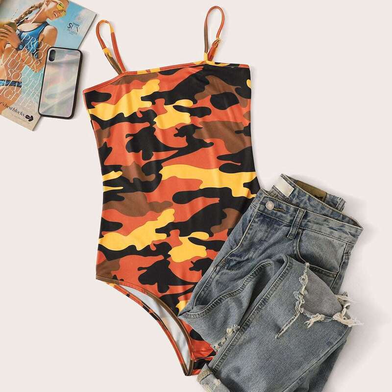 

Camo Print Cami Bodysuit, Orange