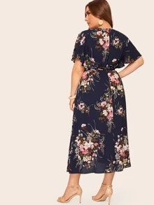 Plus Keyhole Front Floral Print Belted Dress - Multicolor - View 2