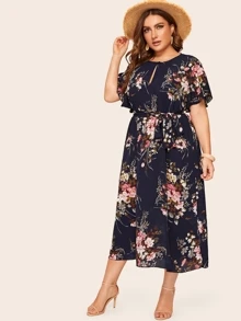 Plus Keyhole Front Floral Print Belted Dress - Multicolor - View 3