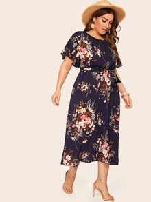 Plus Keyhole Front Floral Print Belted Dress - Multicolor - View 5