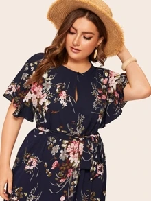 Plus Keyhole Front Floral Print Belted Dress - Multicolor - View 4