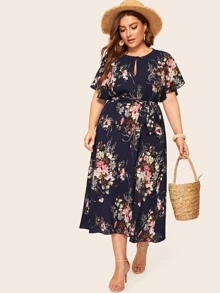 Plus Keyhole Front Floral Print Belted Dress - Multicolor - View 1