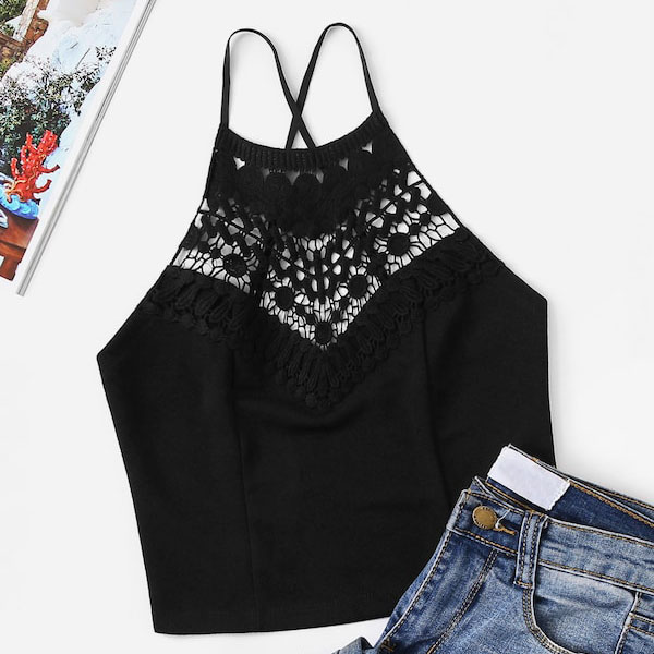 

Plus Contrast Lace Cami Top, Black