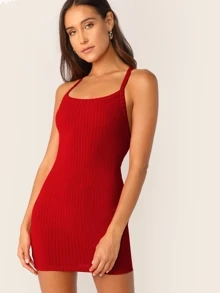 SHEIN Crisscross Backless Rib-knit Bodycon Dress - Burgundy - View 2