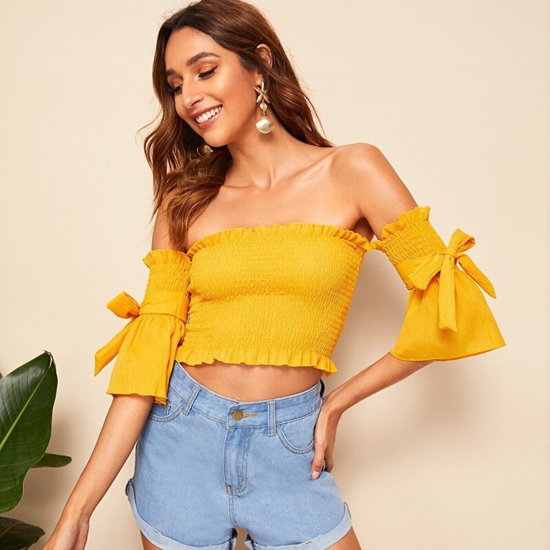 

Tie Sleeve Ruffle Trim Shirred Top, Yellow