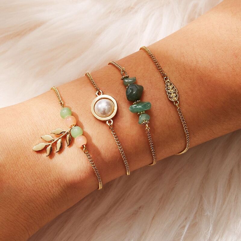 

Leaf & Stone Detail Chain Bracelet 4pcs, Multicolor