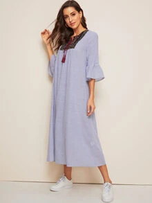 Mulvari Vestido de rayas de manga con volante con fleco y cordón - Azul - Ver 3
