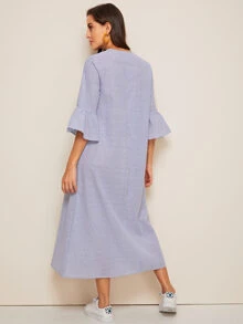 Mulvari Vestido de rayas de manga con volante con fleco y cordón - Azul - Ver 2