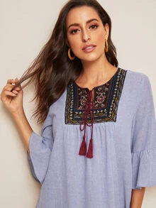 Mulvari Vestido de rayas de manga con volante con fleco y cordón - Azul - Ver 4