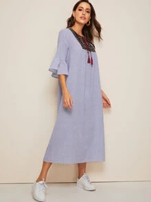 Mulvari Vestido de rayas de manga con volante con fleco y cordón - Azul - Ver 5