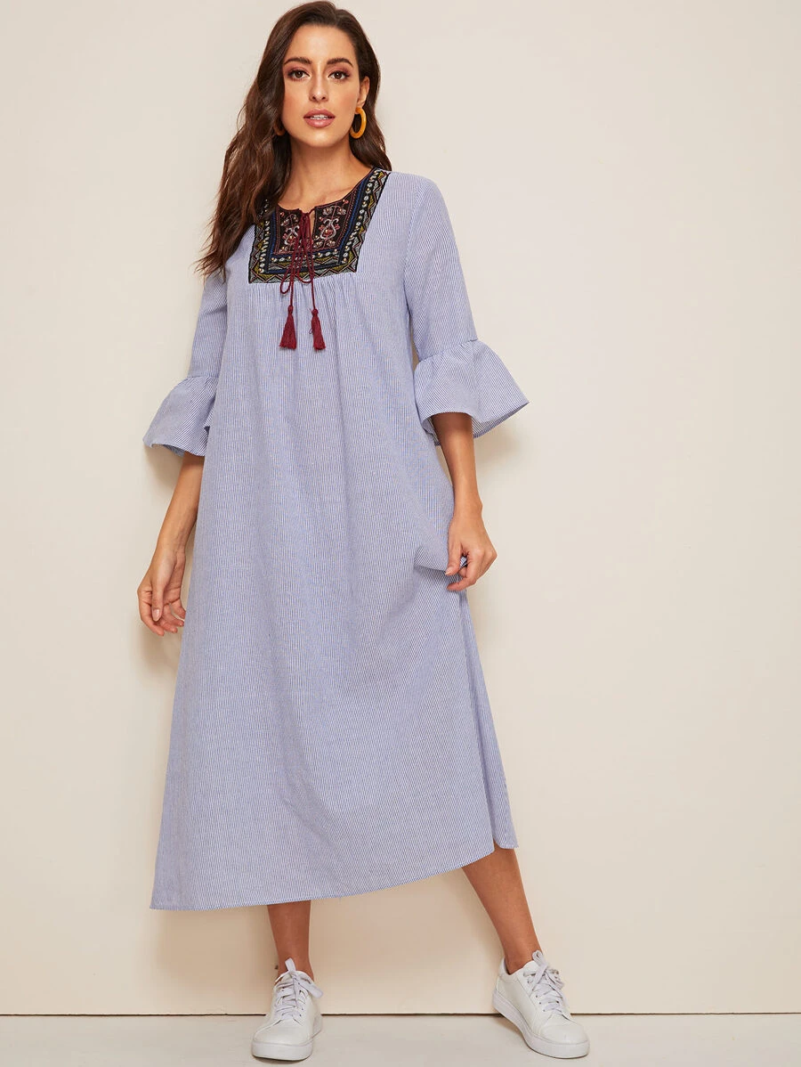 Mulvari Vestido de rayas de manga con volante con fleco y cordón - Azul - Ver 1