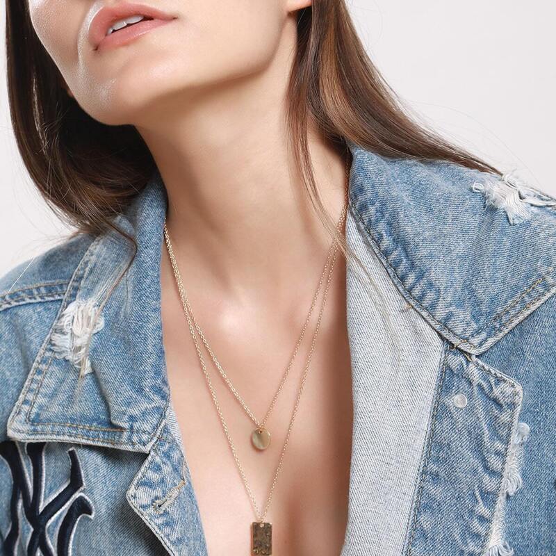 

Round & Rectangle Pendant Necklace 2pcs, Gold