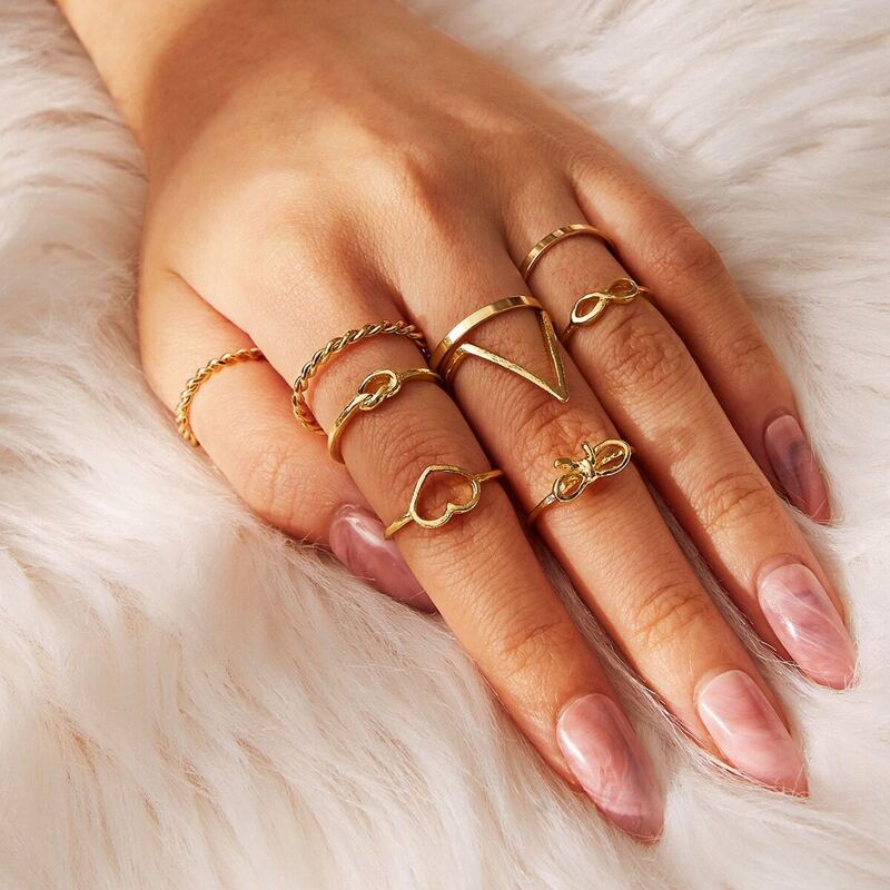 

Heart & Bow Design Ring Set 9pack, Gold