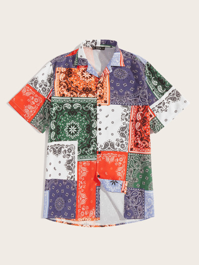 Blusa de hombres con retazo con estampado de pañuelo | Mode Camisa de hombres con retazo con estampado azteca | Mode de