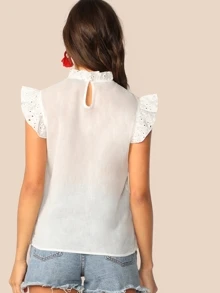 Top con bordado con ojal ribete fruncido de cuello alto - Blanco - Ver 2