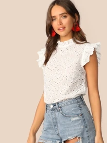 Top con bordado con ojal ribete fruncido de cuello alto - Blanco - Ver 3