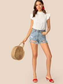 Top con bordado con ojal ribete fruncido de cuello alto - Blanco - Ver 5