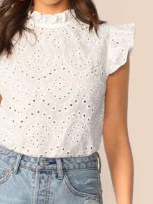 Top con bordado con ojal ribete fruncido de cuello alto - Blanco - Ver 4