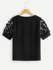 SHEIN Top de manga con malla aplique 3D-grande - Negro - Ver 2